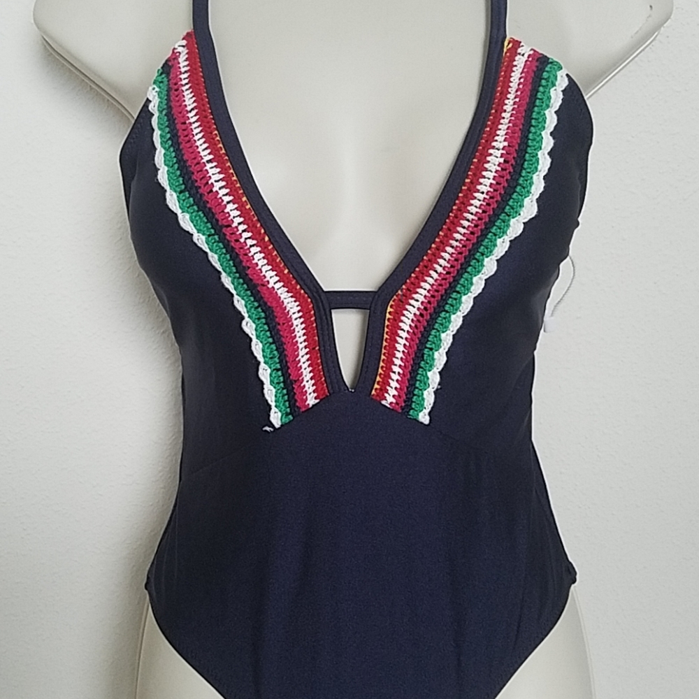 New with liner navy embroidered swimsuit